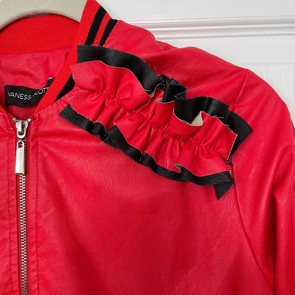 Red Bomber Jacket with Ruffle Detail - Picture 3 of 7